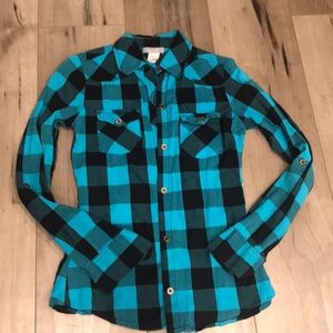 2 plaid tops, delias blue plaid, pink &blue plaid